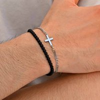 2pcs/set Cross Chain Bracelet for Men,Casual Black Natural Stone Beaded Adjustable Wristband,Jewelry Gift for Husband Dad BBF