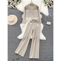 Fashionable High Waist Wide Leg Pants Set Women's Knitted Long Sleeve round Neck Top Bottoms Two Piece Ensemble Polyester