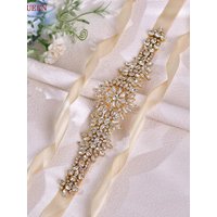 TOPQUEEN S319-G Plus Size Bridal Gowns Belts Golden Belts for Women Rhinestones Belt Girlfriend Luxury Ribbon Belt Wedding Sash