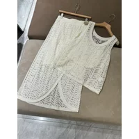 Summer holiday glitter linen hollow knit set tank top and split skirt two piece elegant thin strap inner lining stylish women's