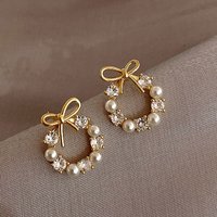 Minimalist Round Bow Knot Earrings For Women Temperament Fashion Rhinestone Imitation Pearl Stud Earrings Party Wedding Jewely E