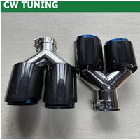 Re 2Pcs Y Pipe Dual Exhaust Tips Car Universal Glossy Carbon Fiber Blue Stainless Double Exit Exhaust Pipes Muffler Tailpipe