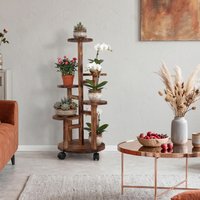 5 Tiered Plant Stand Indoor With 4 Wheels Wood Plant Shelf Corner Display Rack for Patio Balcony Porch Garden Living Room House