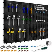 Plastic Pegboard Wall Organizer Kit, 4 Black 40 X 61 cm, 56 Accessories with Hooks, Clips, Bins & Holders, Modular Tool Storage