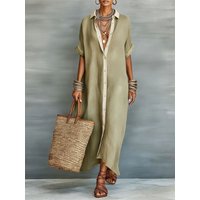 Women Comfortable Casual Cotton Linen Dresses Summer Contrasting Loose Maxi Shirt Dress Female Turndown Collar Short Sleeve Gown