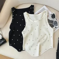 2024 New Rhinestone Knitted Tank Top White Crew Neck Sleeveless Tank Top For Summer Women's Clothing Crop Top Camis