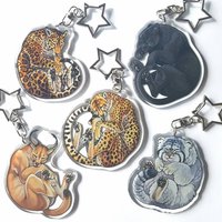 Sleeping Big Cat Acrylic Keychain,Glitter Epoxy Wildlife Charm Star Clasp Key Ring,Cute Animal Art Pendant for Backpacks & Keys