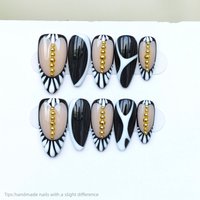 10pcs Handmade Y2k nails Black White Gold Bead Press On Nails Almond Long Punk Trendy Fake Nails Stripe Decor False Nail
