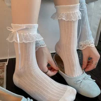 Sweet Lace Ruffle Cotton Socks for Women Summer Thin Elastic Soft Breathable Solid Color Mid Tube Socks Girls Bowknot Socks