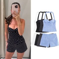 Women Fashion Shorts Sets Or Female Sexy Backless Polka Dot Halter Neck Slim Short Tops Or Lady Chic Side Zipper Casual Shorts