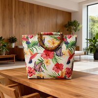 Floral, bird, and butterfly print faux bamboo large-capacity tote bag,versatile for vacation and shopping,zipper closure
