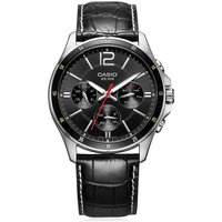 CASIO MTP-1374L Men's Multifunction Quartz Watch, 3 Sub-dials (Day/Date/24H), 50M Water Resistant, Black Genuine Leather Band, B
