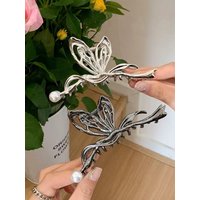 1pc Liquid Metal Butterfly imitation Pearl Hair Clip for Women, Unique Design Updo Claw, Elegant High-End large Shark Clip