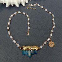 YYGEM Cultured White Pearl 29x50mm Blue Quartz Druzy Connector Choker Necklace Female Jewelry