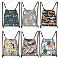 Kawaii Cartoon Dog Cat Backpack Women Drawstring Bags Canvas Shoulder Bag for Travel Girls Rucksack Storage Bags Shoes Holder