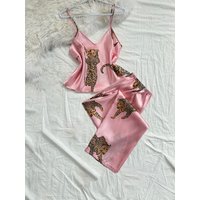 Women Sleepwear Summer Ice Silk Stain Comfortable 2pcs Pajamas Set V Neck Leopard Print Tops and Long Pants Loungewear