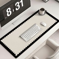 Minimalist Scalloped Edge Desk Mat - Black Beige Two-Tone Large Mouse Pad Non-Slip Waterproof Office Decor
