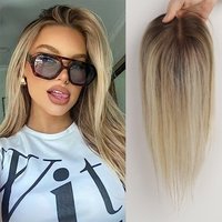 100% Remy Human Hair Blonde with Dark Roots Silk Base Topper for Women Natural Volume Boost Clip in Hairpiece for Thinning Hair