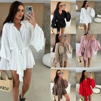 Elegant Fold Dress Vestidos Spring Summer Holiday Casual Flare Sleeve Ruffle Tie Waist Loose Mini Dresses Female Fashion