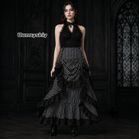Gothic High Low Irregular Black Midi Long Skirt Bow Back White Striped Ruffles Adjustbale Steampunk Vintage Victorian Skirts