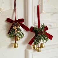 Christmas Jingle Bells Door Hanger Ornament Velvet Bow Pine Cone Bell Pendants for Christmas Decoration Christmas Gift