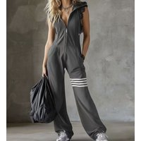 Women Fashion Hooded Sleeveless Jumpsuit Lace Trim Armholes Zip Striped Wide Leg Pants Side Pockets Casual Streetwear Romper