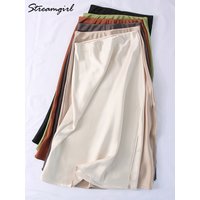 Women Green Midi Skirts A Line With Slit Office High Waist Women's Satin Skirts Elastic Waist Solid Silk Slit Skirts For Women