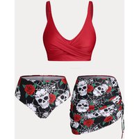 Plus Size Women's Plus Size & Curve Skull Rose Print Crossover Three Piece Bikini Swimsuits