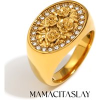 MamacitaSlay Trend 18K Gold Plated Stainless Steel Zircon Flower Wide Edge Ring Banquet Waterproof Jewelry Women's Elegant Gift