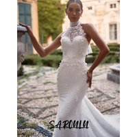 SAROULU Romantic Floral Wedding Dress Elegant Halter Mermaid Customized Bridal Gown Luxury Dazzling Pearls Corset Bride Wear