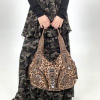 Y2K vintage hot girl personality leopard print shoulder bag with multiple compartments, Maillard crossbody handbag