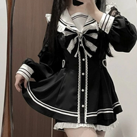 Gothic Y2k Lolita Bow Dress Shorts Set Women Sweet Lace Bow Long Sleeve Shirt Dresses Tunic Shorts Slim Sailor Collar Clothes