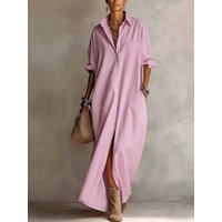 UOOZEE 2026 New Minimalist Solid Color Shirt Dress For Women Long Sleeves Loose Buttoned Pockets Casual Daily Lapel Maxi Dresses