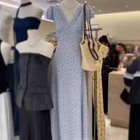 Floral Print Slimming Long Dress Sweet Summer Waist-Cinching Design Korean Style Fairy Skirt Polyester Fiber V-neck Short Sleeve