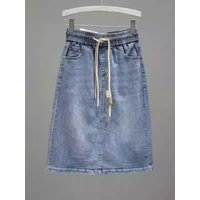 High Waist A-Line Skirt for Women Spring 2024 Elastic Waist Denim Skirt with Slit Slimming Effect Vintage Style