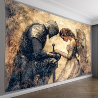 Knight and Angel Tapestry, Medieval Warrior with Winged Maiden, Romantic Fantasy Wall Art for Home Bedroom Decor