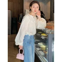 Solid Blouses Women Casual Chic Puff Sleeve Loose Elegant Spring Ladies Summer Korean Style Retro All-match Sweet Button Cozy