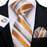 Orange and White Striped Business Ties for Men Silk Polyester 8cm Necktie Handkerchief Cufflinks Wedding Party Suits Accessories