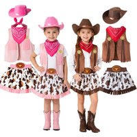 Kids Western Cowgirl Costume Set Girls Fringe Vest Cow Print Skirt Bandana Hat for Halloween Party Cosplay Stage Show