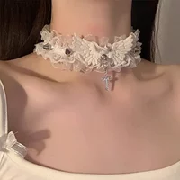 Sexy Black White Lace Lolita Choker Goth Crystal Cross Pendant Angel Wings Rivet Necklace for Women Charm Party Jewelry Gift
