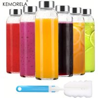 KEMORELA 3/4/6PCS Clear Glass Bottles with Lids 530ML, Reusable Glass Water Bottles with Stainless Steel Cap for Juice Milk Tea