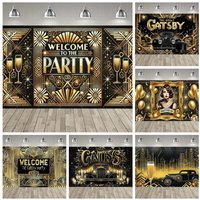 Vintage Black Gold Jazz Era Theme Banner Photography Backdrop Cloth, Adult Birthday Party Decoration Photography Studio Backdrop