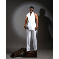 White Men Suits 2 Piece Vest+Pants Luxury Beaded Prom Wedding Tuxedos Sleeveless Coat Custom Made Formal Office Jacket Trousers