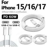 60W Type C To Type C Fast Charging Cable For iPhone 15 16 17 Pro Xiaomi Nylon Braided Data Cord USB-C Quick Charge Cable 1m/2m