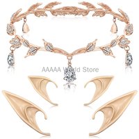 Women Halloween Rhinestone Leaf Wedding Crown Headband Fairy Elf Ears Fashion Party Masquerade Headwear Accessories For Lady