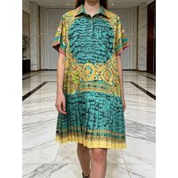 Fashion semi-open collar short sleeve printed loose dress Summer women's new hem stitching pleated holiday long straight skirt