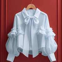 2025 Spring Autumn New Women French Sweet Blue Bow Short Shirt Elegant Versatile Loose Cardigan Ladies Long-sleeved Blouse Tops