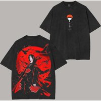 Naruto Itachi Uchiha T Shirt Red Moon Crow Vintage Acid Wash Streetwear Oversized Retro Anime Graphic Men Tees Cotton Clothing