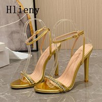 Hlieny-Sandales en cristal à paillettes dorées pour femmes, talons hauts fins pour dames, chaussures de strip-teaseuse sexy, fête de mariage, mode estivale