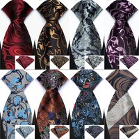 Classic Brown Blue 8CM Tie For Men With Pocket Square Set Floral Stripes Woven Necktie Wedding Business Designer Party Gift